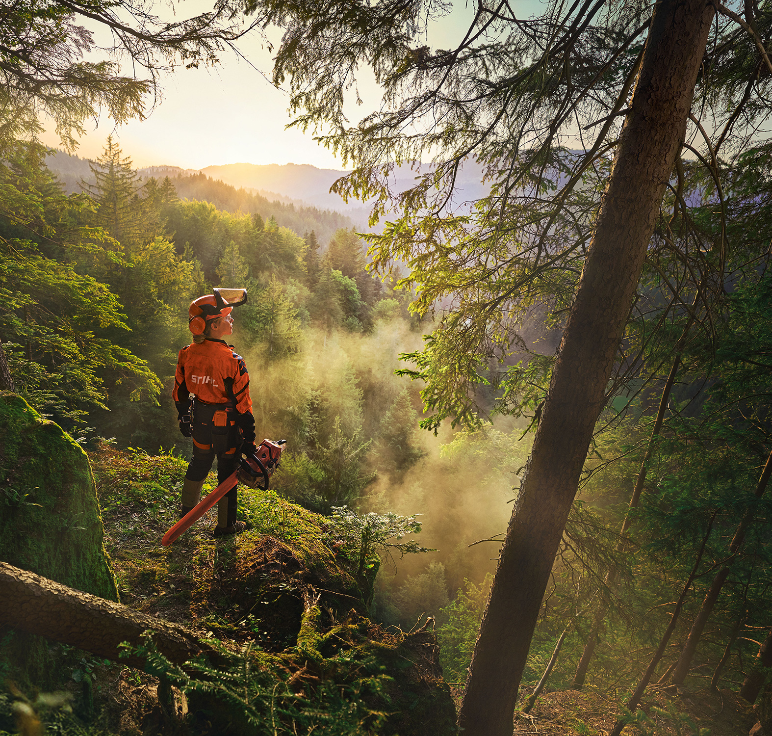 Een vrouw staat aan de rand van een klif in een diepgroen bos. Ze draagt oranje STIHL werkkleding, de ADVANCE ProCom-headset en houdt een STIHL MS-kettingzaag vast.