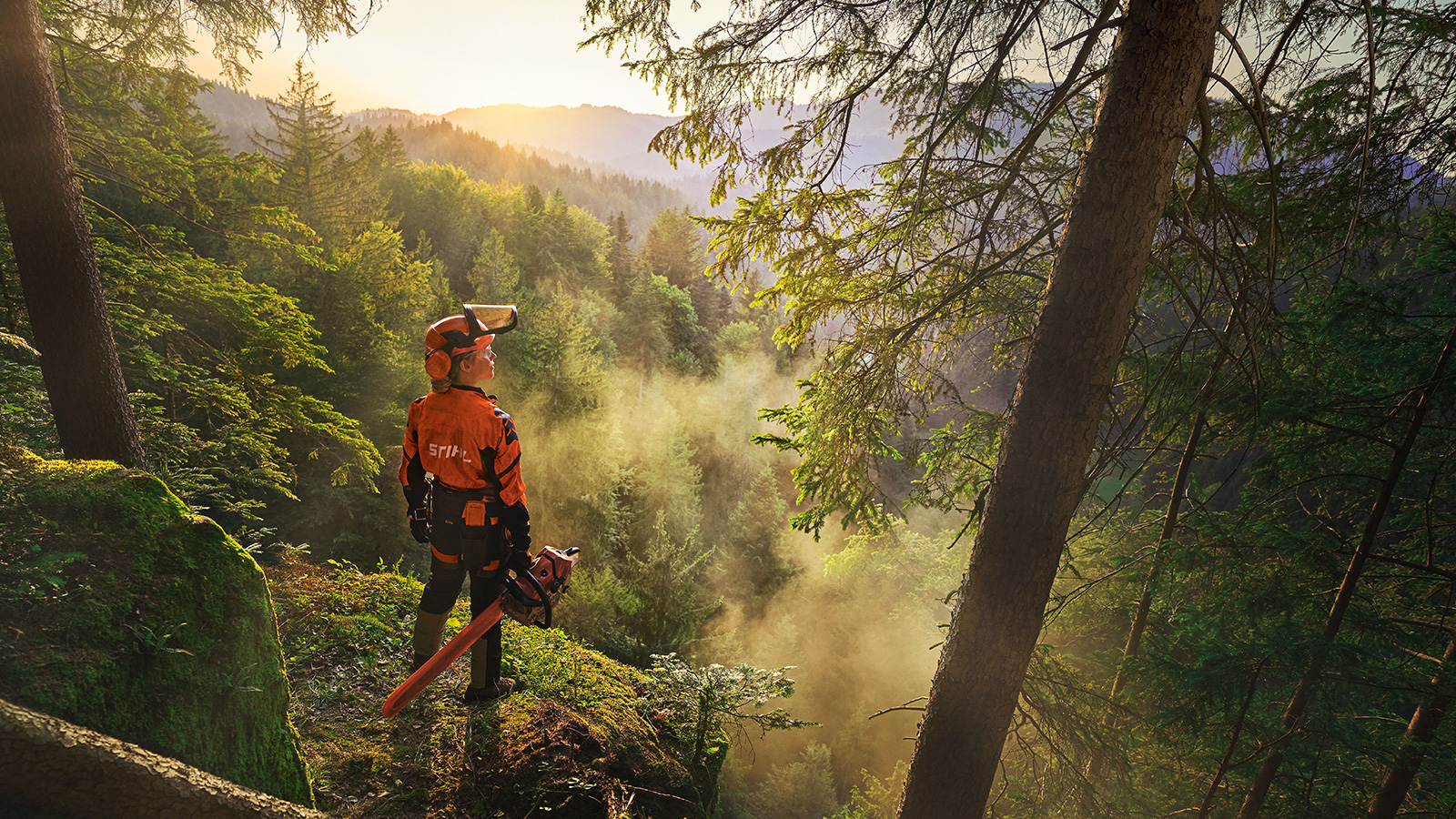 Een vrouw staat aan de rand van een klif in een verzadigd groen bos. Ze draagt oranje STIHL werkkledij, de ADVANCE ProComHeadset en heeft een STIHL MS kettingzaag in de hand.
