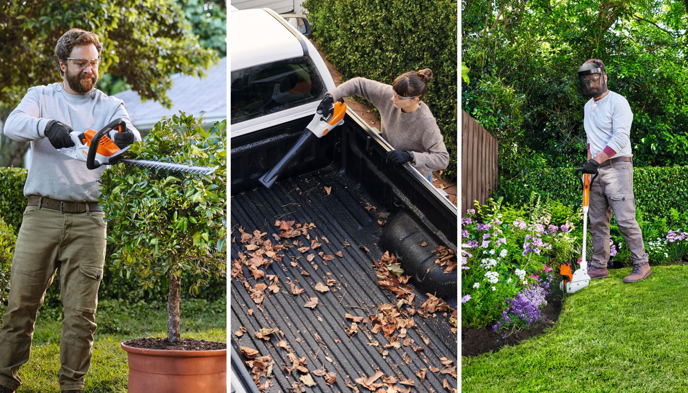 STIHL machines in het AS systeem, HSA 40 accuheggenschaar, SEA 20 accuhandzuiger, FSA 30 accubosmaaier