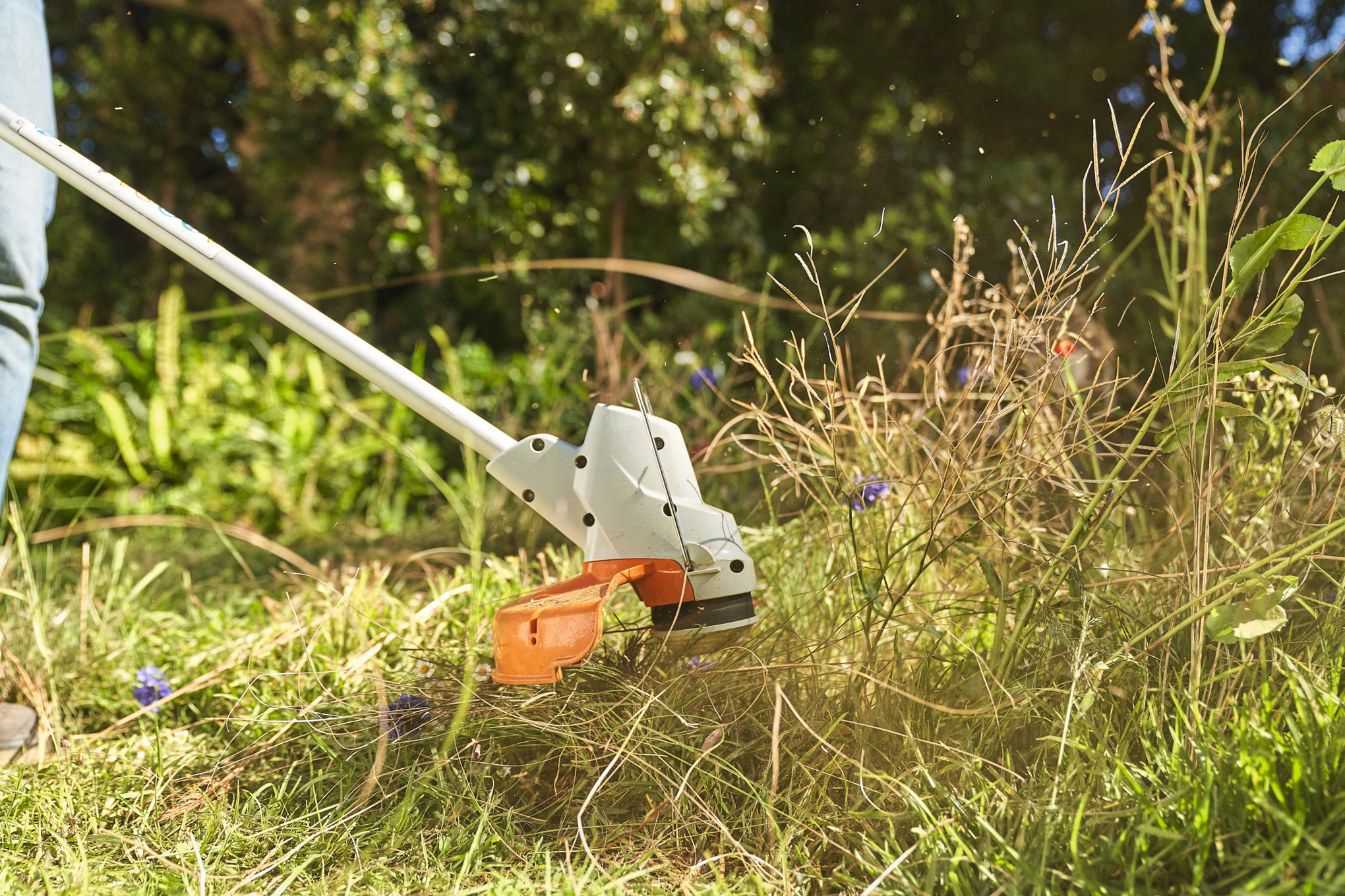 Close-up van hoe iemand met de STIHL FSA 57 accukantenmaaier een wilde bloemenweide maait  