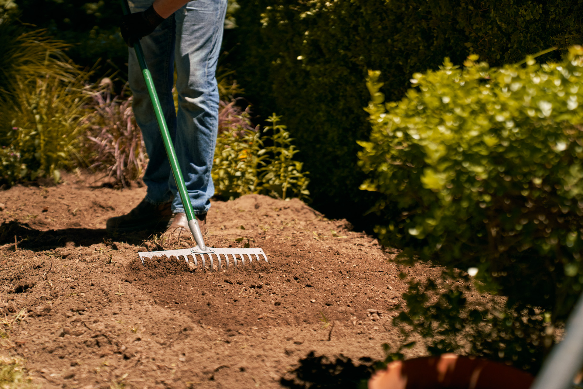 Een persoon die een hark gebruikt om de grond in een plantenbed egaal te maken