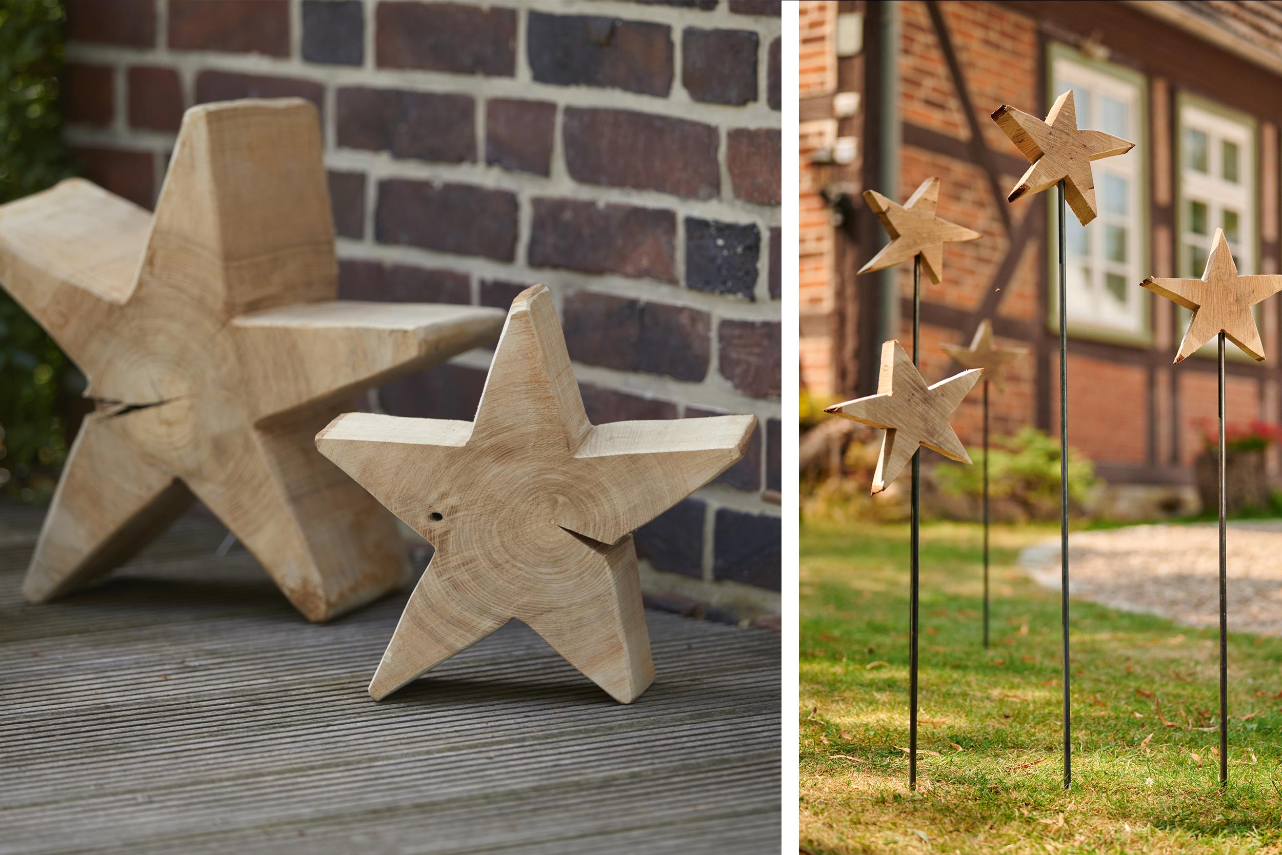 Homemade wooden stars on leaves next to snow-covered moss