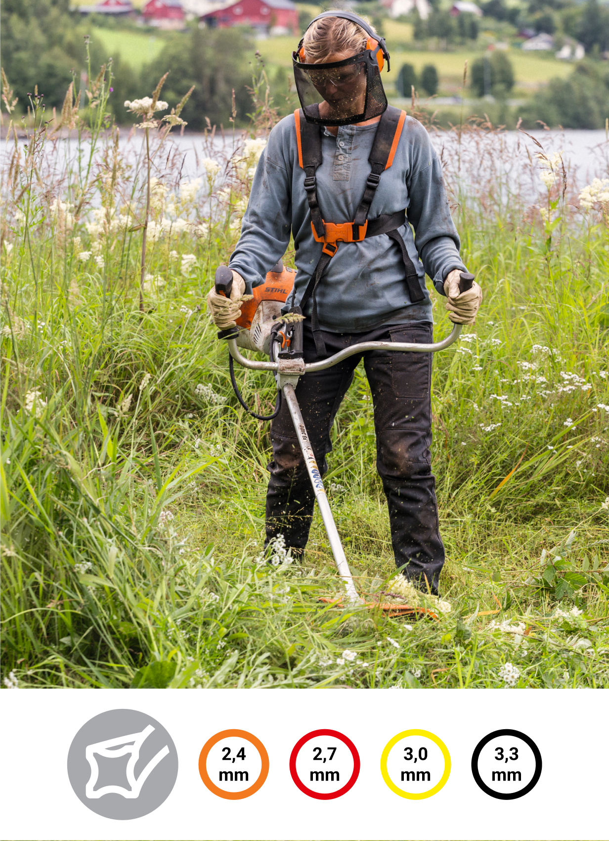 Vrouw met STIHL gezichts- en gehoorbescherming maait gras met een STIHL benzinebosmaaier FS 240