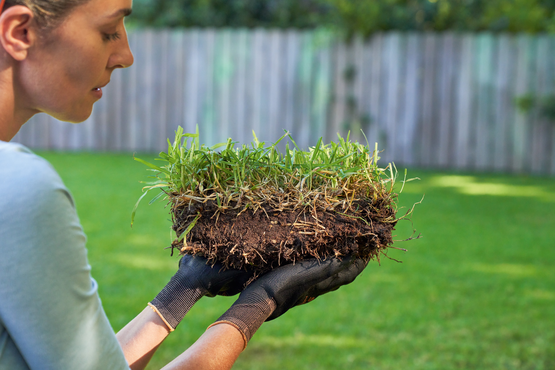 Vrouw houdt stuk gras voor bodemverbetering in de hand, op de achtergrond groen gazon en schutting 