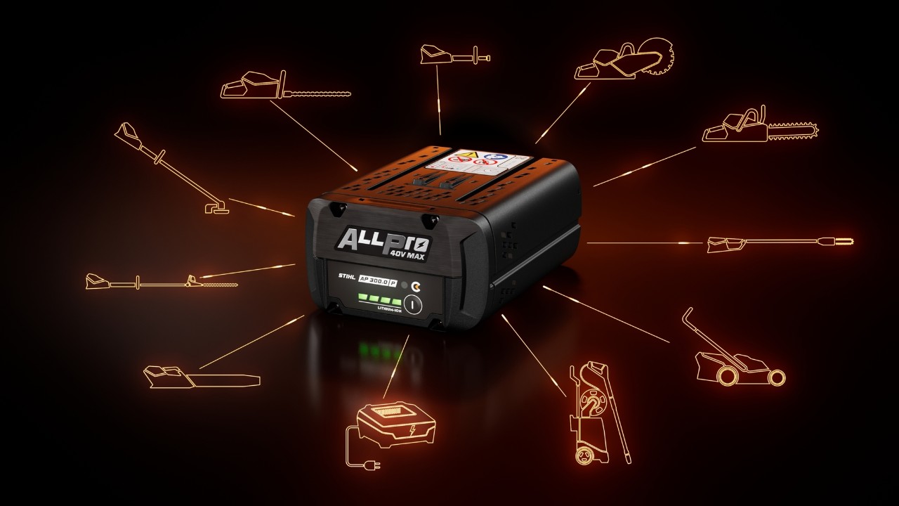 STIHL ALLPRO AP 300 P C-accu, omringd door verschillende pictogrammen van compatibele productcategorieën