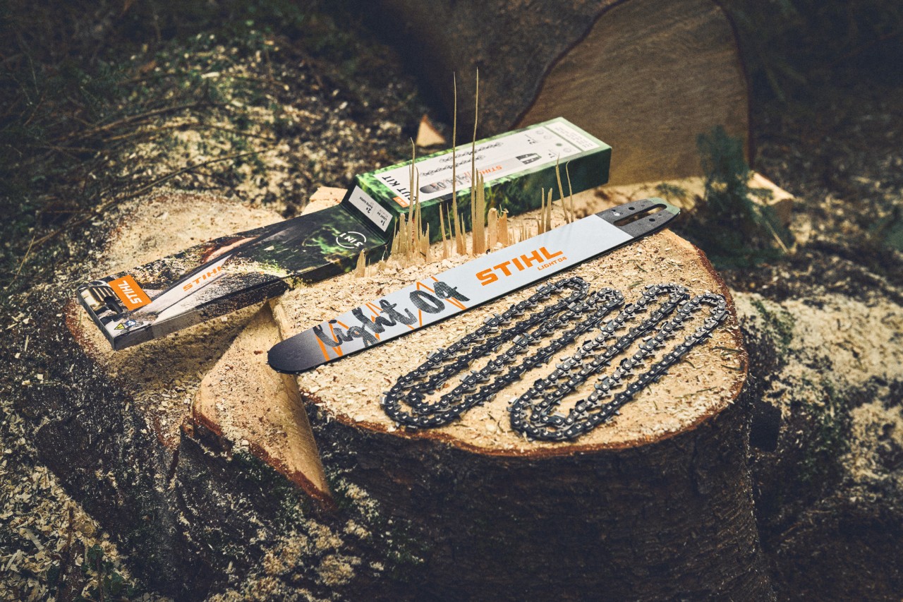 Twee Rollomatic zaagbladen en zaagkettingen op een boomstronk in het bos