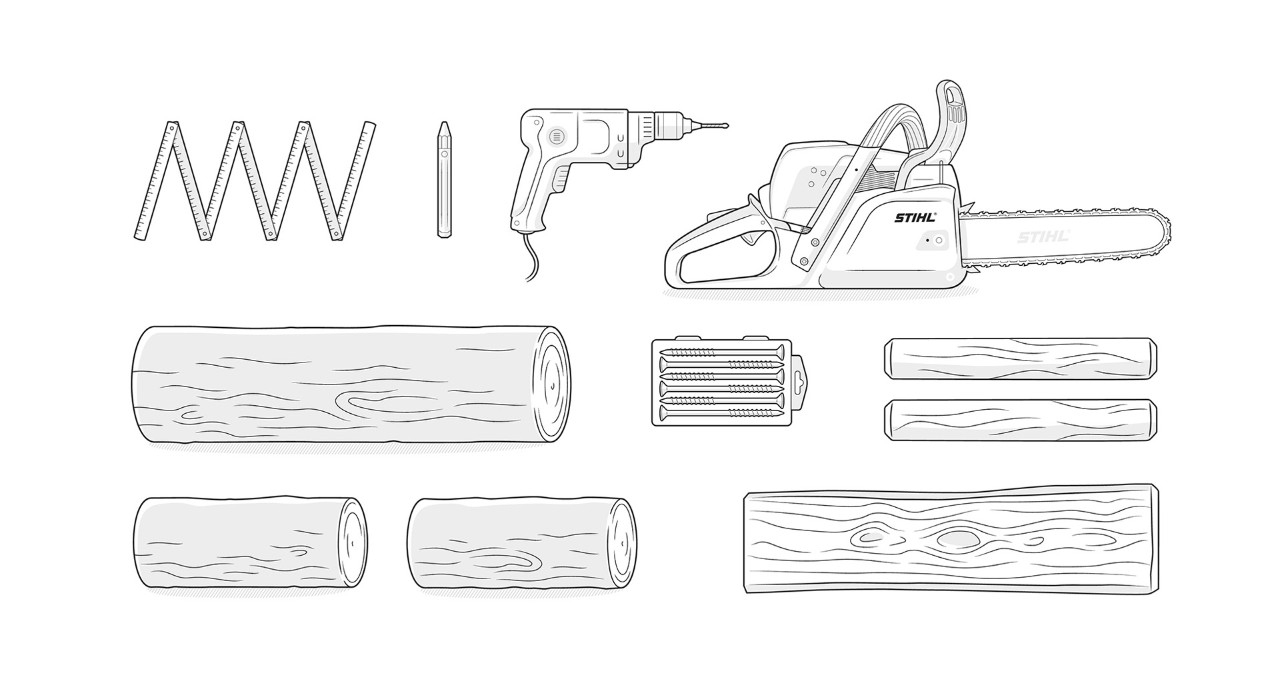 Illustratie van STIHL kettingzaag, marker, boormachine, schroeven, stijlen, boomstammen en plank